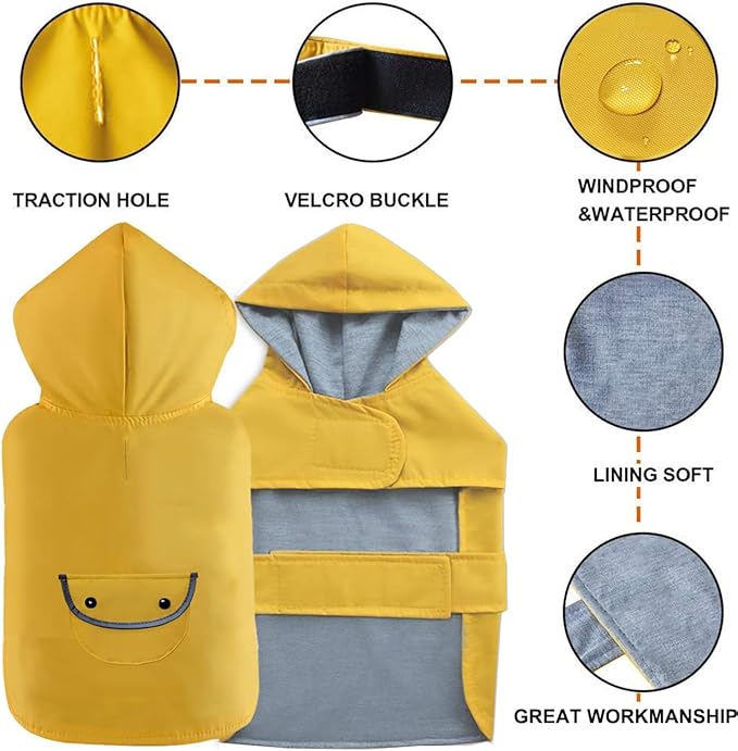 Dog Raincoat Dogs Rain Jacket Reflective Poncho Rainwear Waterproof Pet Clothes Winter Warm Lined Pocket Hooded Leash Hole Adjustable Small Medium Dogs,Yellow,XXL,Back Length 16.9 Inch
