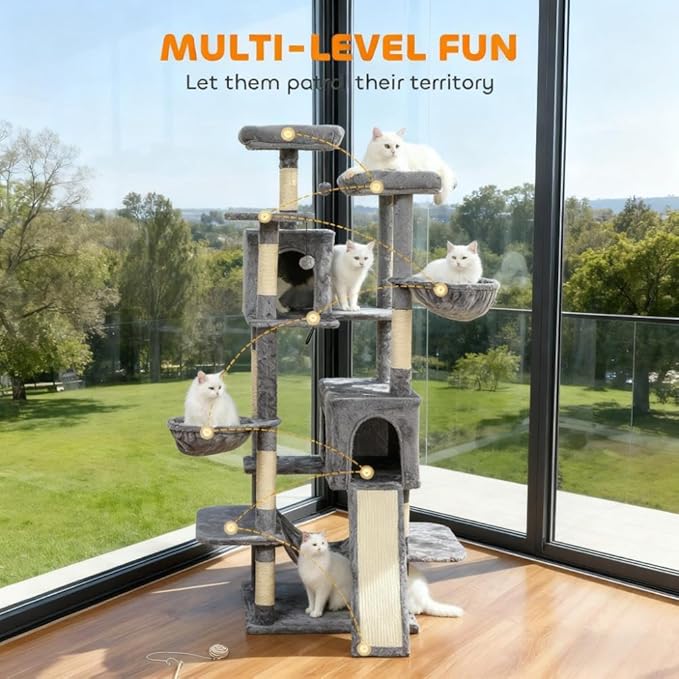 68" Tall Cat Tree Multi-Level Cat Tower for Indoor Cats with Cat Condo, Hanging Basket, Sisal Scratching Posts, Plush Balls and Hammock for Small Large Cats (Dark Gray)