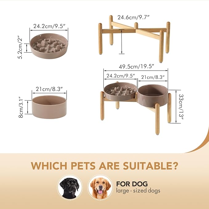 Ceramic 3.2 Cup Raised Slow Feeder Dog Bowl Set, Elevated 8.2inch Bowl and 9.5inch Slow Pet Food Dish with Wooden Stand for Large Dog (2 x Brown Coffee+ Stand)