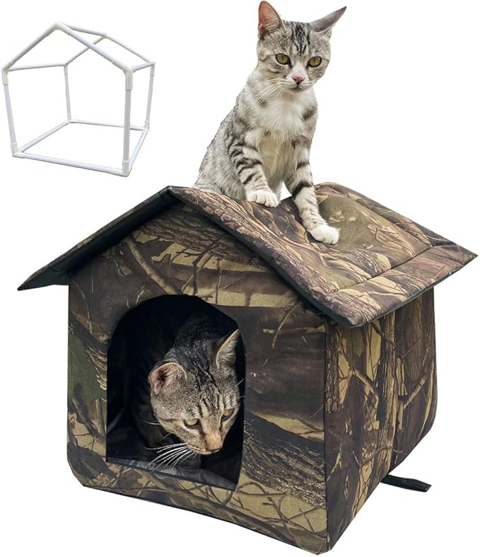 Outdoor/Indoor Faux Woodland Frame Thermal Cat House, Waterproof, Insulated, Concealed, Collapsible, Removable, Easy to Clean. Suitable for Felines or Small Dogs(L)