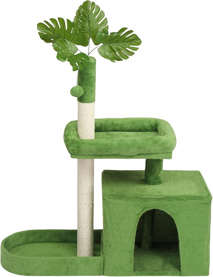 39in Plush Cat Tree with Leaves,Multi-Level Cats Tower,Large Pet Activity Center,with Sisal Scratching Post, Cozy Cat Condo, Padded Beds, Dangling Ball,for Kittens and Indoor Cats (Green)