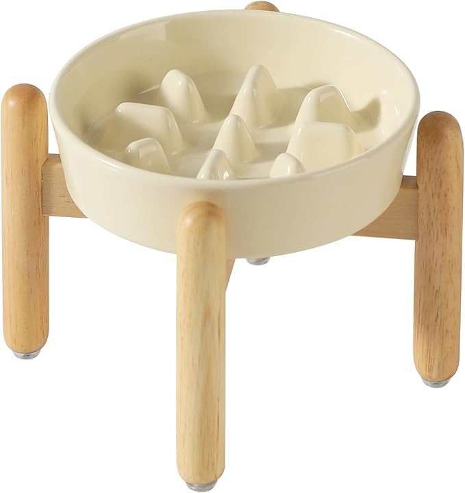 Ceramic 1.2 Cup Dog Raised Slow Feeder Set, Elevated Bowl with Wooden Stand for Medium and Small Dog, 7.3inch Slow Feeder Dish for Fast Easters (Light Yellow, Single Bowl+ Stand)