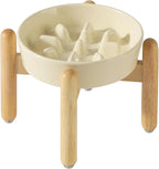 Ceramic 1.2 Cup Dog Raised Slow Feeder Set, Elevated Bowl with Wooden Stand for Medium and Small Dog, 7.3inch Slow Feeder Dish for Fast Easters (Light Yellow, Single Bowl+ Stand)