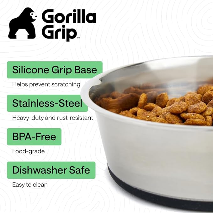 GORILLA GRIP Dog Bowls, Food Grade 304 Stainless Steel, Holds 2 Cups Each (16 fl oz) Food and Water Bowl for Feeding Dogs and Cats, Dishwasher Safe, Rust Resistant, BPA Free Rubber Base Set of 2 Black