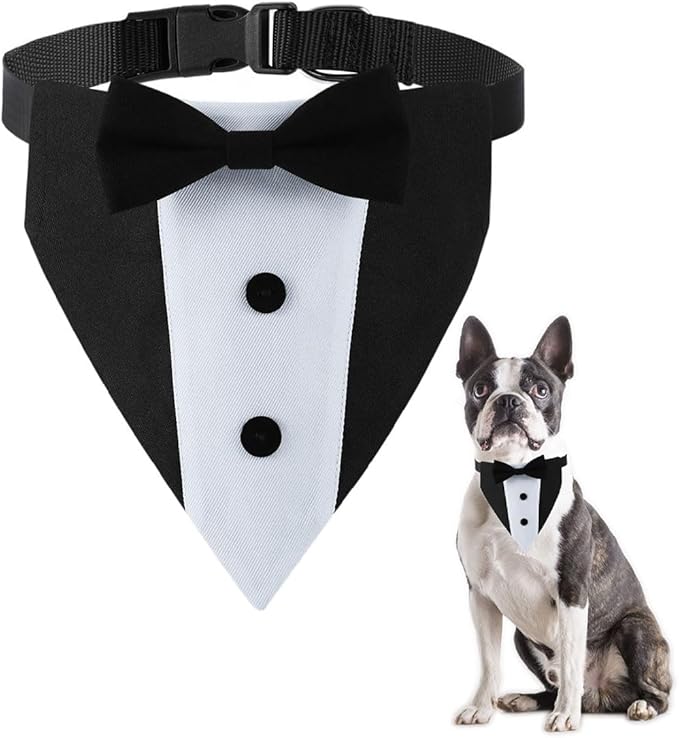 Dog Tuxedo for Small Dogs, Tux Suit Dog Wedding Outfit Bandana with Bow Tie Collars for Small Medium Large Pet Dogs, Black S