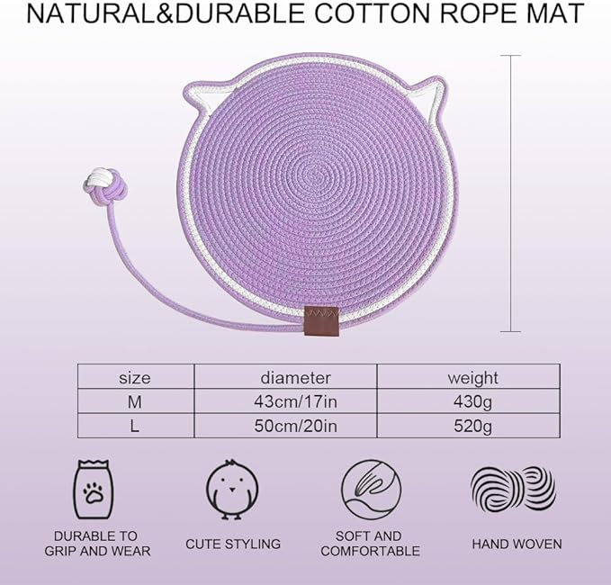 Personalized Cat Scratcher Mat, Customized with Name Text Natural Cotton Rope Round Horizontal Cat Scratching Pads with Ball Toy, Cat Furniture Protector for Wall, Couch, Carpets, Sofa (Purple)