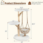 PETSITE 48.5 Inches Wood Cat Tree, Multi-Level White Modern Cat Tree with Hanging Basket, Solid Natural Peer Wood Post Wrapped with Jute Ropes, Soft Long Plush Covered Perches and Base
