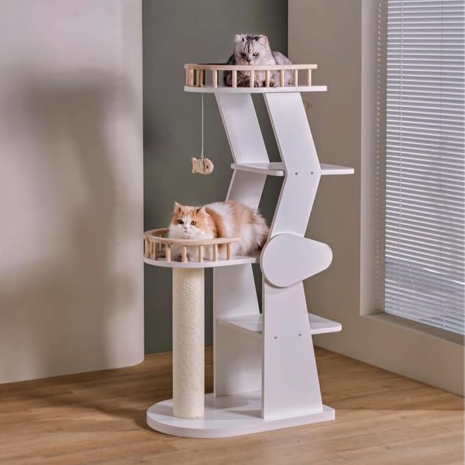 SHENGOCASE Modern Wooden Cat Tree Tower, 54.3 Inches Tall, 5-Level Perch Platform with Scratching Post, White