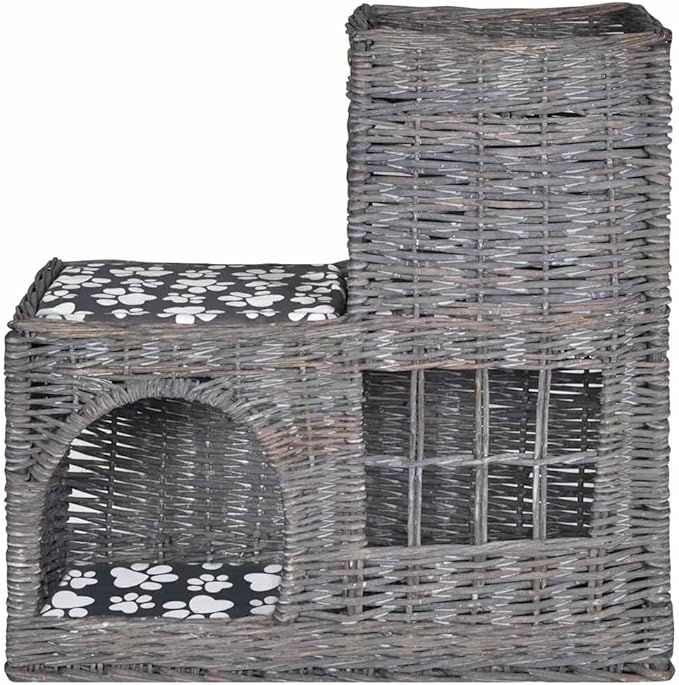 Willow Cat Tree with Soft Cushions for Indoor and Outdoor Use, Lightweight Durable Pet Furniture with Scratch-Resistant Surface, Grey Polyester Medium Cat House for Rest