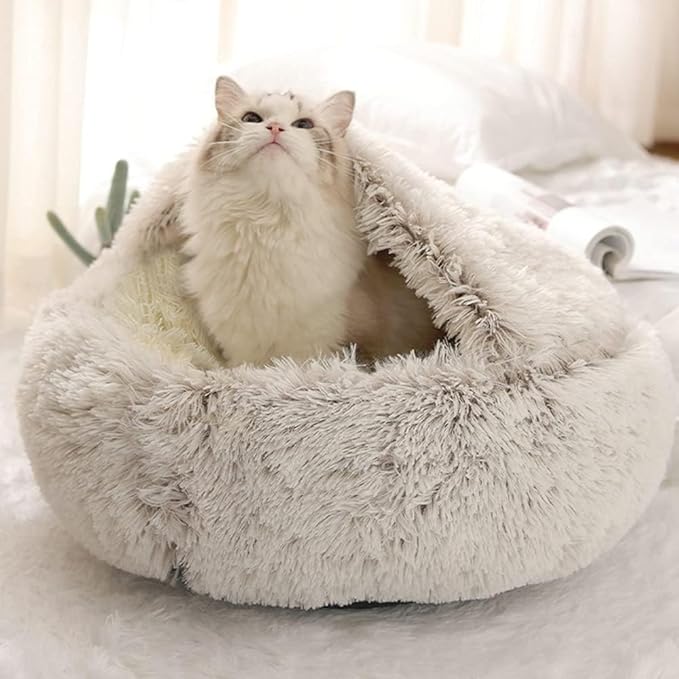 Cat Bed Round Fluffy Hooded Cat Bed Cave, Anti-Anxiety Cave Bed with Hooded Blanket, Cozy Cuddler Luxury Puppy Pet Bed, Anti-Slip Bottom and Machine Washable (Coffee, Large)