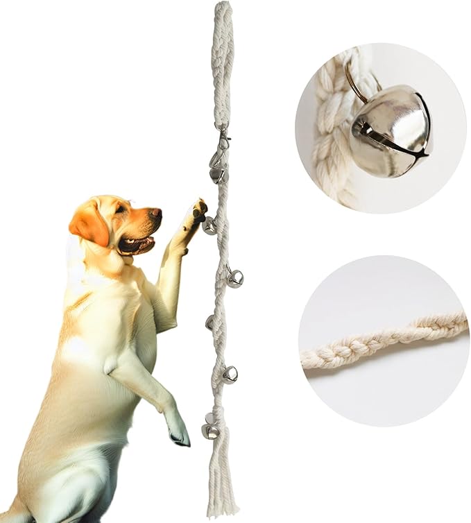 Dog Door Bell to Go Outside Puppy Door Bells for Potty Training Adjustable Puppy Doorbell, Outdoor or Indoor Dog Bells for Large and Small Dogs Handmade Boho Dog Bell Beige (Silver Bell)