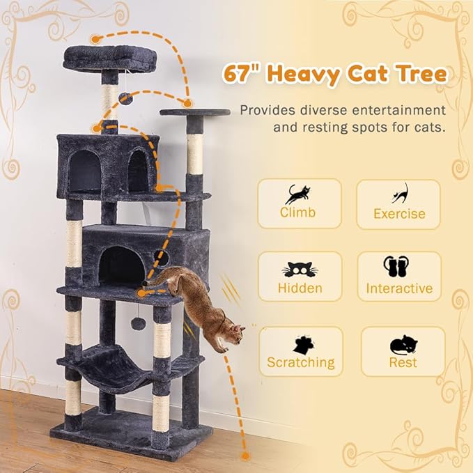Heavy Duty Cat Tree,67in Multi-Layered Tall Cat Tower for Indoor Large Adult Cats,XL Compact Cat Stand with Hammock,Sisal Scratching Post,Removable Plush Perch,Condo,Dark Gray (Dark Gray)