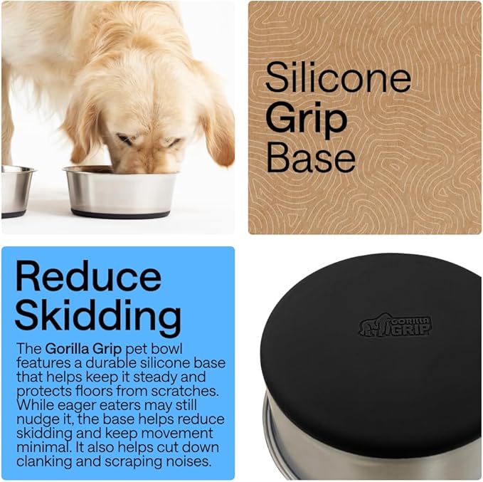 GORILLA GRIP Dog Bowls, Food Grade 304 Stainless Steel, Holds 8 Cups Each (64 fl oz) Food and Water Bowl for Feeding Dogs and Cats, Dishwasher Safe, Rust Resistant, BPA Free Rubber Base Set of 2 Black