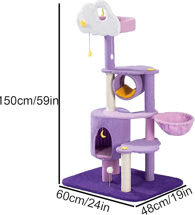Multi-Level Cat Tower with Comfortable Plush Resting Platform, Purple Pink Cat Condos with Scratching Post and Pompom Ball Toy
