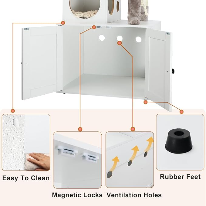Cat Tree with Litter Box Enclosure, 2-in-1 Cat Tower for Indoor Cats, Large Wood Cat Condo with Basket, Scratching Posts, Pompoms, White