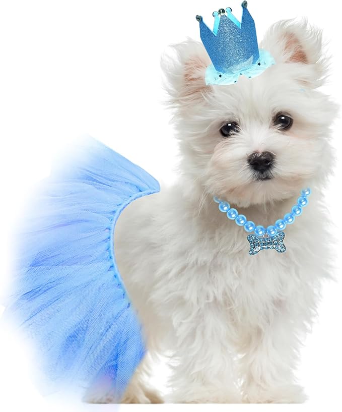 Dog Birthday Party Supplies Dogs Cats Birthday Costume Set Blue Tutu Skirt Dog Cat Birthday Hat Necklace for Puppy Dog Halloween Birthday Wedding Party Costume (Blue)