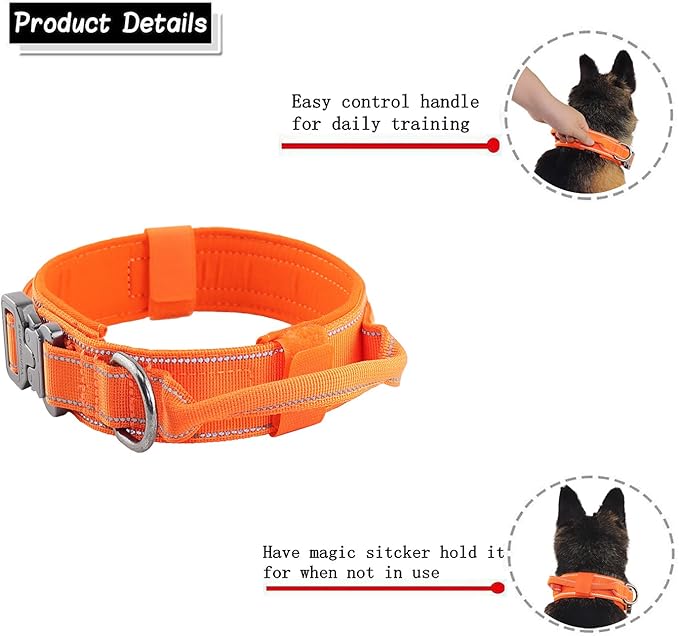 Tactical Dog Collar with Heavy Duty Metal Buckle and Control Handle for Medium Large Dogs Training(Orange, Medium)