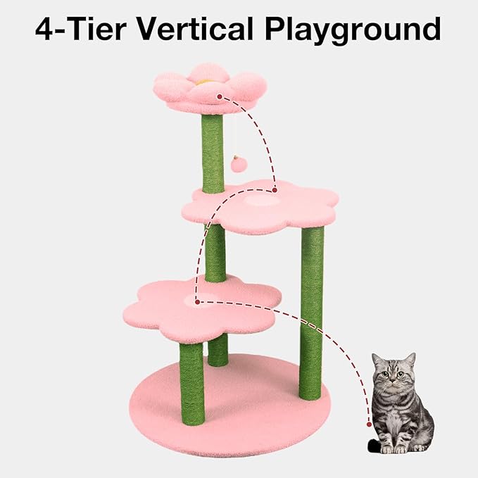 40" Flora Cat Tree – Fresh Floral Design with Removable Cozy Perch, Sisal Scratching Posts | Multi-Level Safe Climbing Furniture for Cats (Pink)