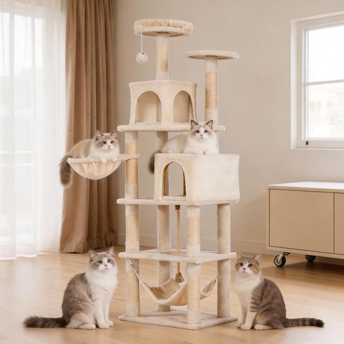 Cat Tree, 68-Inch Cat Tower for Indoor Cats, Plush Multi-Level Cat Condo with 7 Scratching Posts, 2 Perches, 2 Caves, Hammock (Beige)