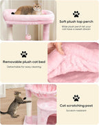 SYANDLVY Small Cat Tree for Indoor Cats, Cat Tower with Scratching Post, Modern Cat House with Padded Perch, Kittens Condo with Cradle, Cat Cave, Pink