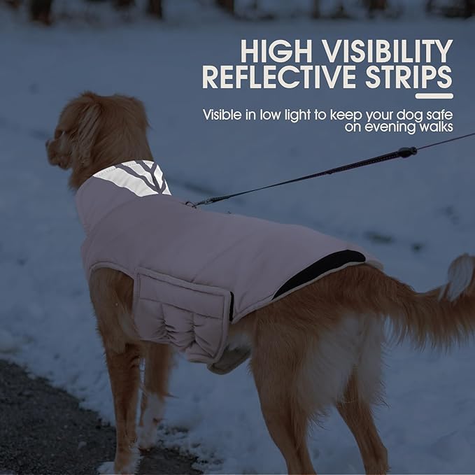 Kuoser Large Dog Coat, Cold Weather Reflective Waterproof Dogs Jacket with Warm Fleece Lining, Turtleneck Dog Winter Coat with Zipper, Doggy Snow Jacket Pet Coats for Small Medium Large Dogs, Pink 2XL