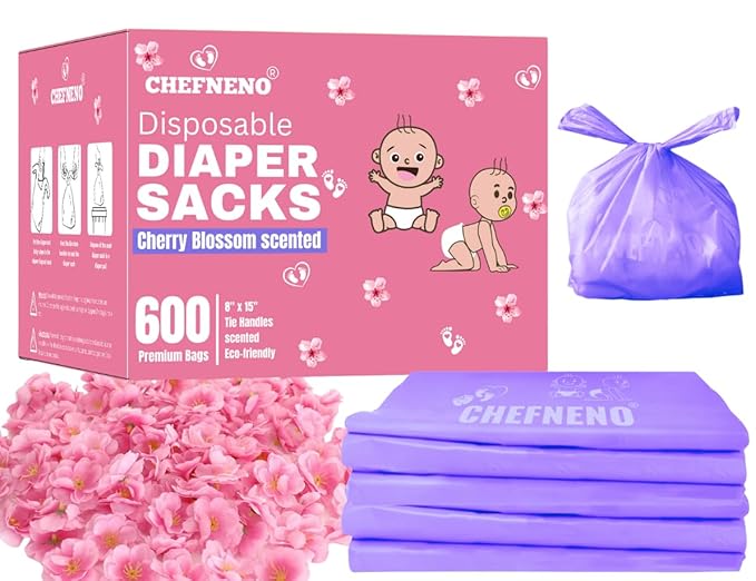 Disposable Diaper Bags (600 ct.) Cherry Blossom Scented Easy Tie Handles Scented Bulk Diaper Sacks Disposable Dog Cat Waste Bags (Cherry Blossom, 600 Bags)