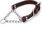 Leather Martingale Dog Collar, Genuine & Stainless Steel Chain Martingale Collar No-Pull Adjustable Anti-Slip Training & Walking Collar for Small Medium Large Breed Dogs Pets. (Medium: Neck 12"-19")