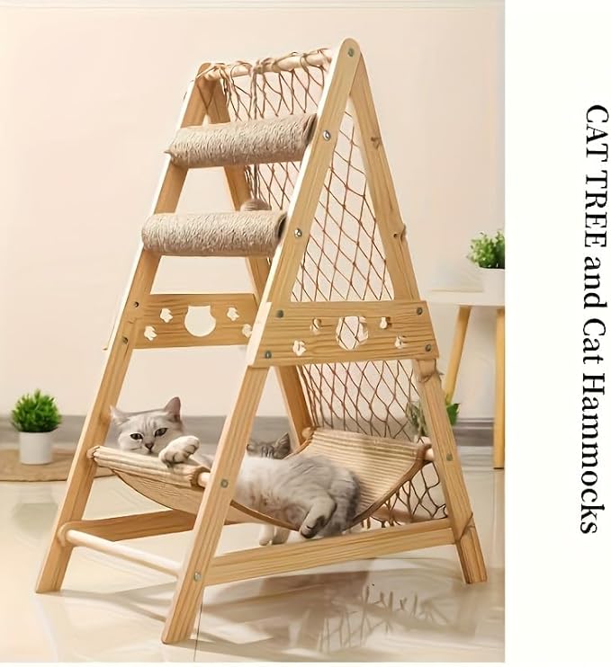 Modern Wooden Cat Tree Tower with Cozy House, Soft Hammock, Scratching Posts and Multi-Level Platforms for Cats to Climb, Rest, and Play