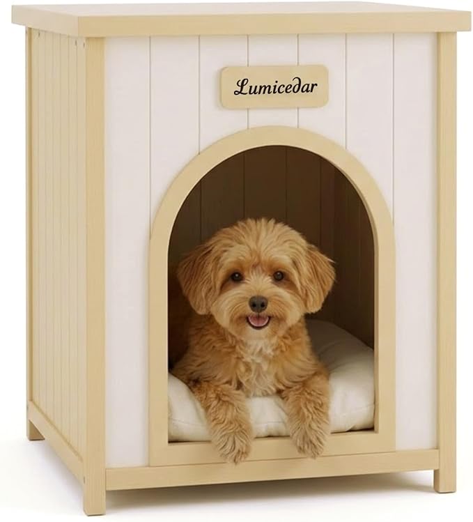 Wooden Dog Crate Furniture, Side Table Dog House for Indoor Small Dogs, Modern End Table with Cushion