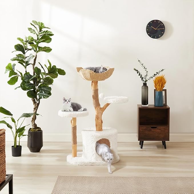 Unipaws Modern Cat Tree Tower for Small and Large Cats, Real Solid Wood Branch Luxury Cat Condo with Scratching Post and Cat Bed, Indoor Furniture for Cat Lover Gifts
