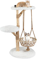 PETSITE 48.5 Inches Wood Cat Tree, Multi-Level White Modern Cat Tree with Hanging Basket, Solid Natural Peer Wood Post Wrapped with Jute Ropes, Soft Long Plush Covered Perches and Base