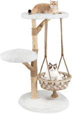 PETSITE 48.5 Inches Wood Cat Tree, Multi-Level White Modern Cat Tree with Hanging Basket, Solid Natural Peer Wood Post Wrapped with Jute Ropes, Soft Long Plush Covered Perches and Base