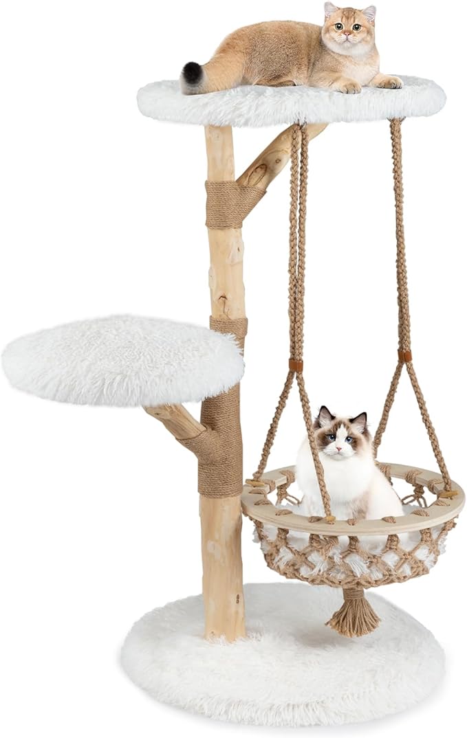 PETSITE 48.5 Inches Wood Cat Tree, Multi-Level White Modern Cat Tree with Hanging Basket, Solid Natural Peer Wood Post Wrapped with Jute Ropes, Soft Long Plush Covered Perches and Base