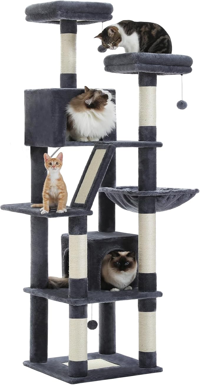 PEQULTI 71'' Cat Tree for Indoor Cats with Big Hammock, Tall Cat Tower for Large Cats with 2 Cat Condo, 2 Soft Top Perch, Scratching Posts and Pad, Dark Grey