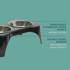 Gibson Home Bow Wow Meow 3-Piece Elevated Dog Bowl Set – Bone-Shaped Raised Feeder with 2 Stainless Steel Bowls for Medium to Large Dogs, Non-Slip, Easy to Clean, Black
