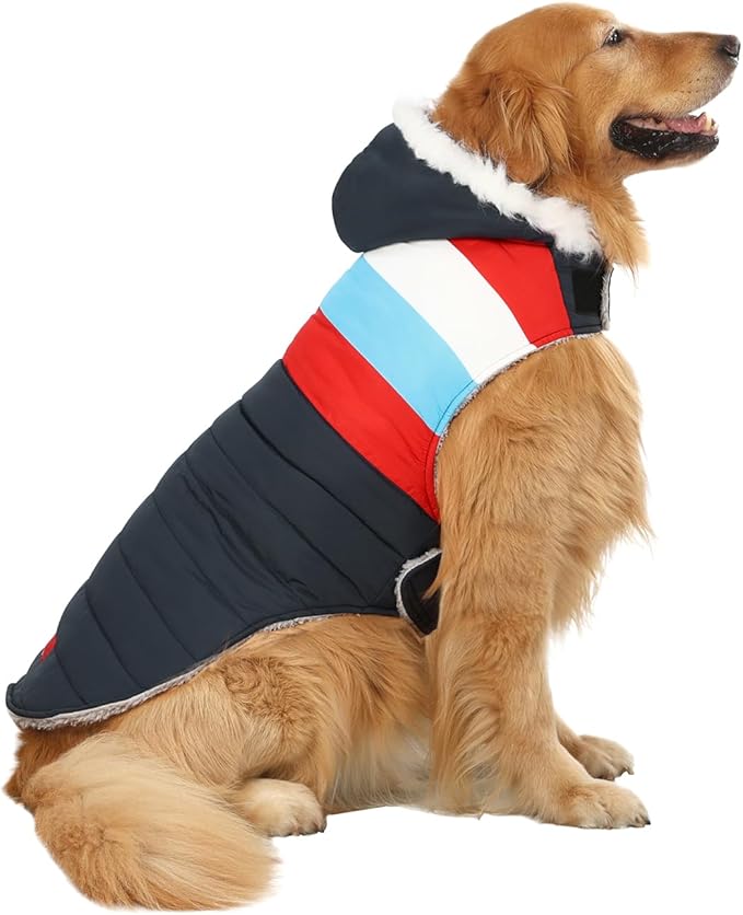 HDE Dog Puffer Jacket Fleece Lined Warm Dog Parka Winter Coat with Harness Hole Patriotic - XL