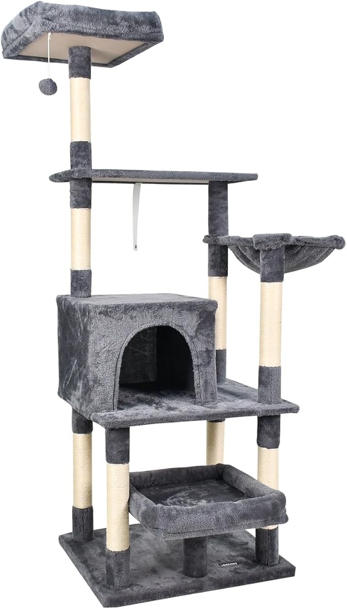 66-in Heavy-Duty Cat Tree for Large Cats, Multi-Level Tower with Sisal Scratching Posts, Plush Perch, Hammock & Condo Anti-Tip Design