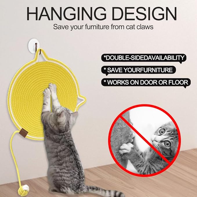 Personalized Cat Scratcher Mat, Customized with Name Text Natural Cotton Rope Round Horizontal Cat Scratching Pads with Ball Toy, Cat Furniture Protector for Wall, Couch, Carpets, Sofa (Yellow)