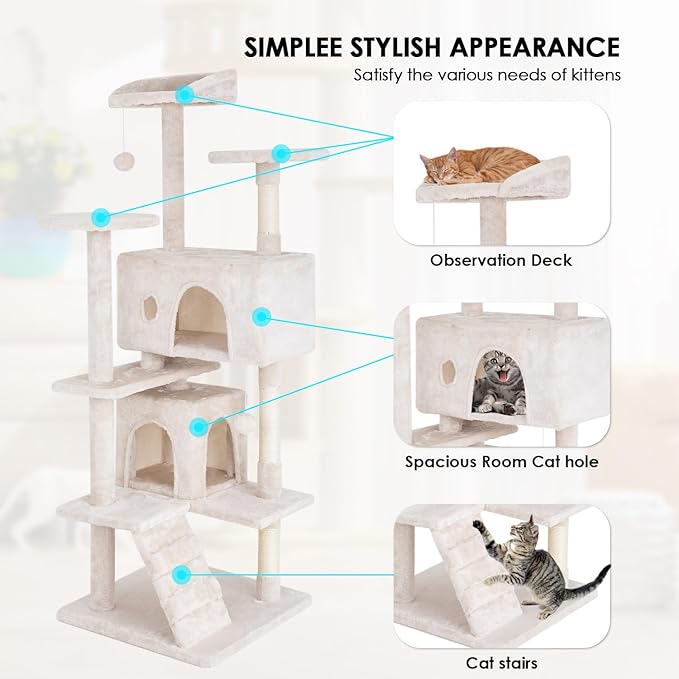 Cat Tree 53 inches Cat Tower for Indoor Cats Cat House with Replaceable and Removable Dangling Ball Cat Trees and Towers with Funny Toys, Beige