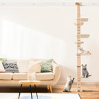 Adjustable Floor-to-Ceiling Cat Tree with Multi-Level Perches, Natural Wood Vertical Cat Condo for Climbing and Resting