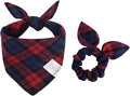 E-Clover Red Blue Dog Bandanas & Matching Scrunchie Set Plaid Dog Scarf Bibs Pet Handkerchief for Small Dogs Puppy Owner Gifts