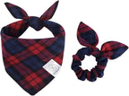 E-Clover Red Blue Dog Bandanas & Matching Scrunchie Set Plaid Dog Scarf Bibs Pet Handkerchief for Small Dogs Puppy Owner Gifts