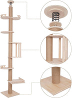 5 Tier Cat Climbing Tower, 100.4-104.3" Tall Wood Cat Tower Tree Wall W/Sisal Scratching Climbing Posts,Wood Color Tree Branch for Kittens Cats Climb, Scratch, Lookout and Play.