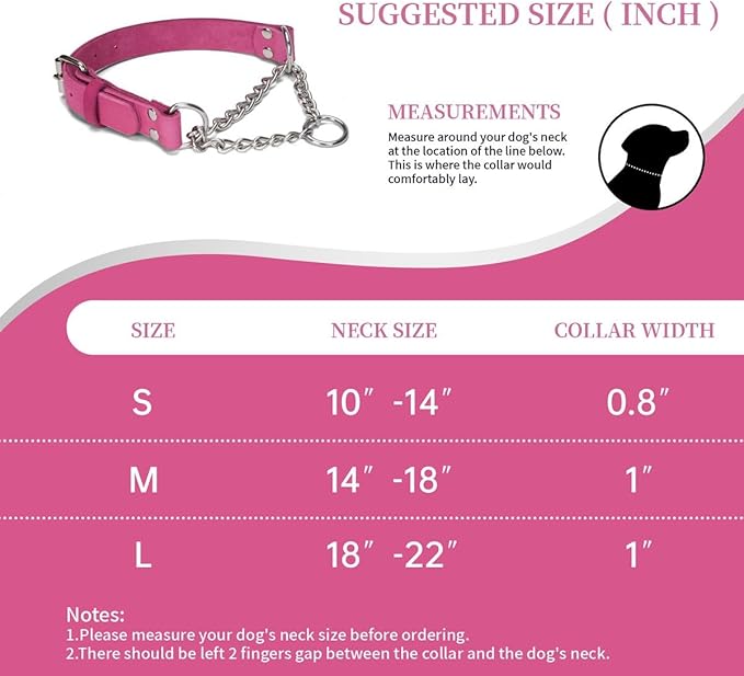 Martingale Collar for Dogs No-Pull Adjustable Training Collar with Stainless Steel Chain - Genuine Leather Anti-Slip Design for Small,Medium,Large Breed Dogs - Pink (L)