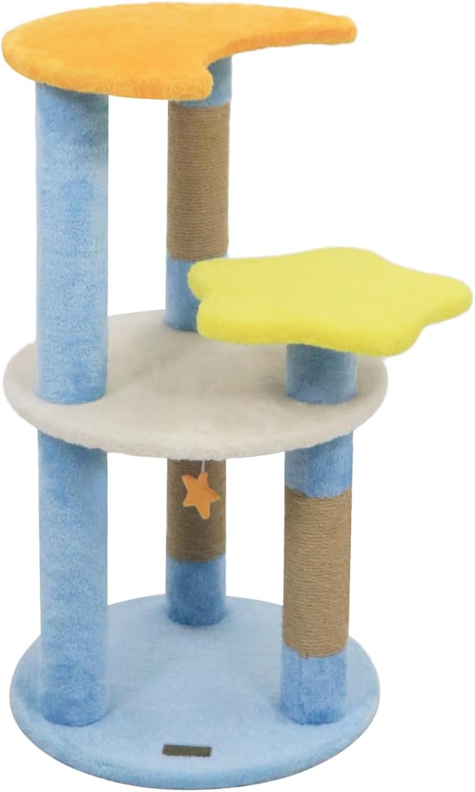 PETSITE 29-inch Cute Cat Tree, Multi-Level Small Cat Tree with Jute Scratching Post, Dangling Toy, Star and Moon-Shaped Perches, Ideal for Indoor Cats (Blue)