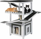 4-Tier Outdoor Cat House Weatherproof Wooden Outside Cat Tree Tower with Ramps, Scratching Post & Enclosed Shelter, Multi-Level Feral Cat Shelter for Indoor Outdoor,Grey White