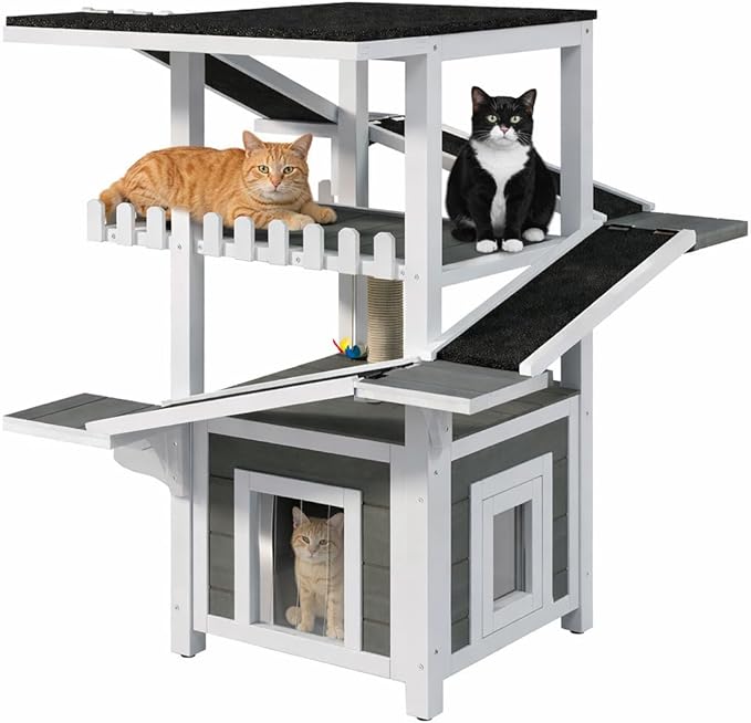 4-Tier Outdoor Cat House Weatherproof Wooden Outside Cat Tree Tower with Ramps, Scratching Post & Enclosed Shelter, Multi-Level Feral Cat Shelter for Indoor Outdoor,Grey White