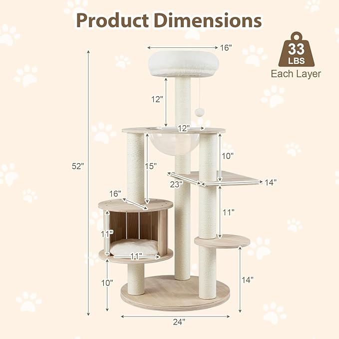 PETSITE 52 Inches Wooden Cat Tree, Multi-Level Modern Cat Tower with Scratching Posts, Space Capsule, Condo, Interactive Hanging Ball, and Top Perch with Removable and Washable Cushions