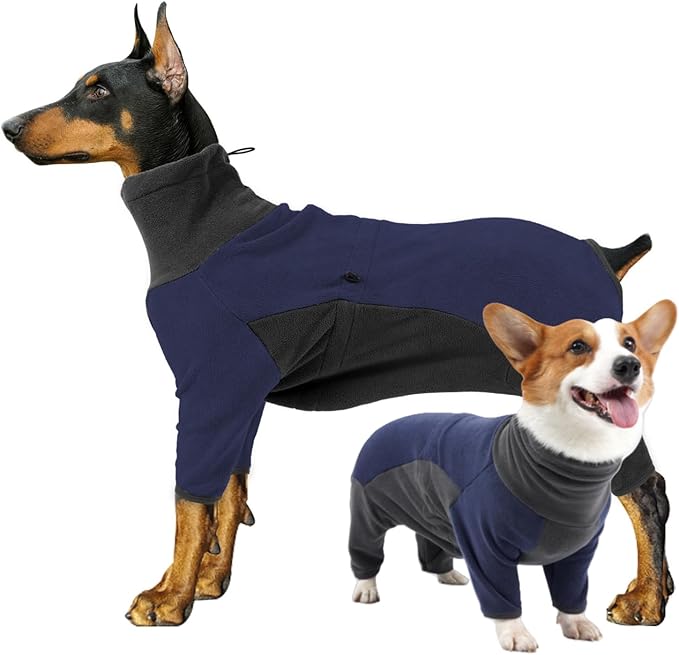 Dog Winter Coat - Soft, Warm, Windproof Fleece Dog Sweatshirt - High Neck Full Body Onesie for Walking, Hiking, Travel, Home Wear - Blue Grey XS