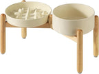 Ceramic 3.2 Cup Raised Slow Feeder Dog Bowl Set, Elevated 8.2inch Bowl and 9.5inch Slow Pet Food Dish with Wooden Stand for Large Dog (2 xLight Yellow+ Stand)